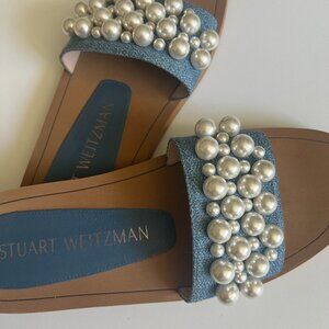 Denim Slides - Pearl Embellished